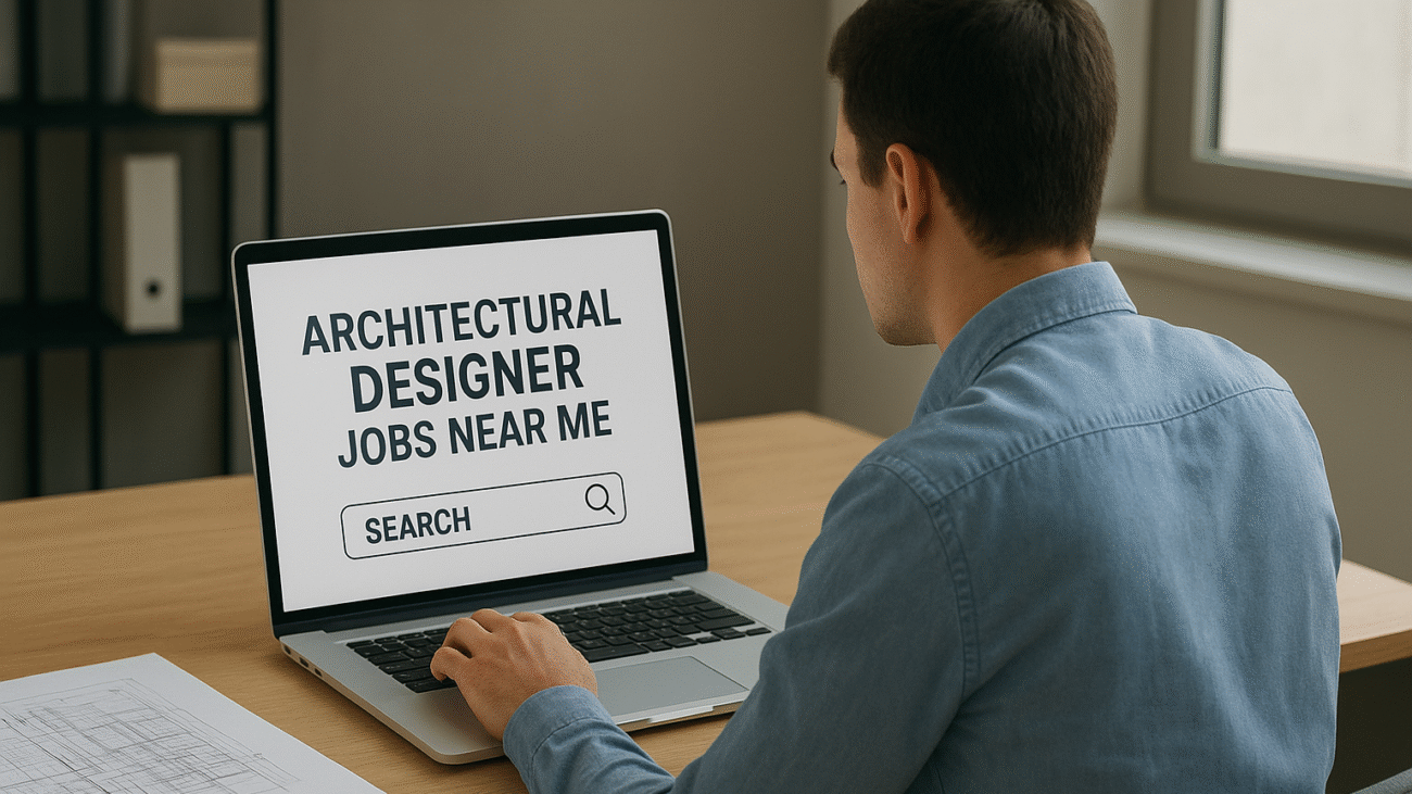 Architectural designer searching for " Architectural Designer Jobs Near Me " on a laptop in a modern office, viewed from behind