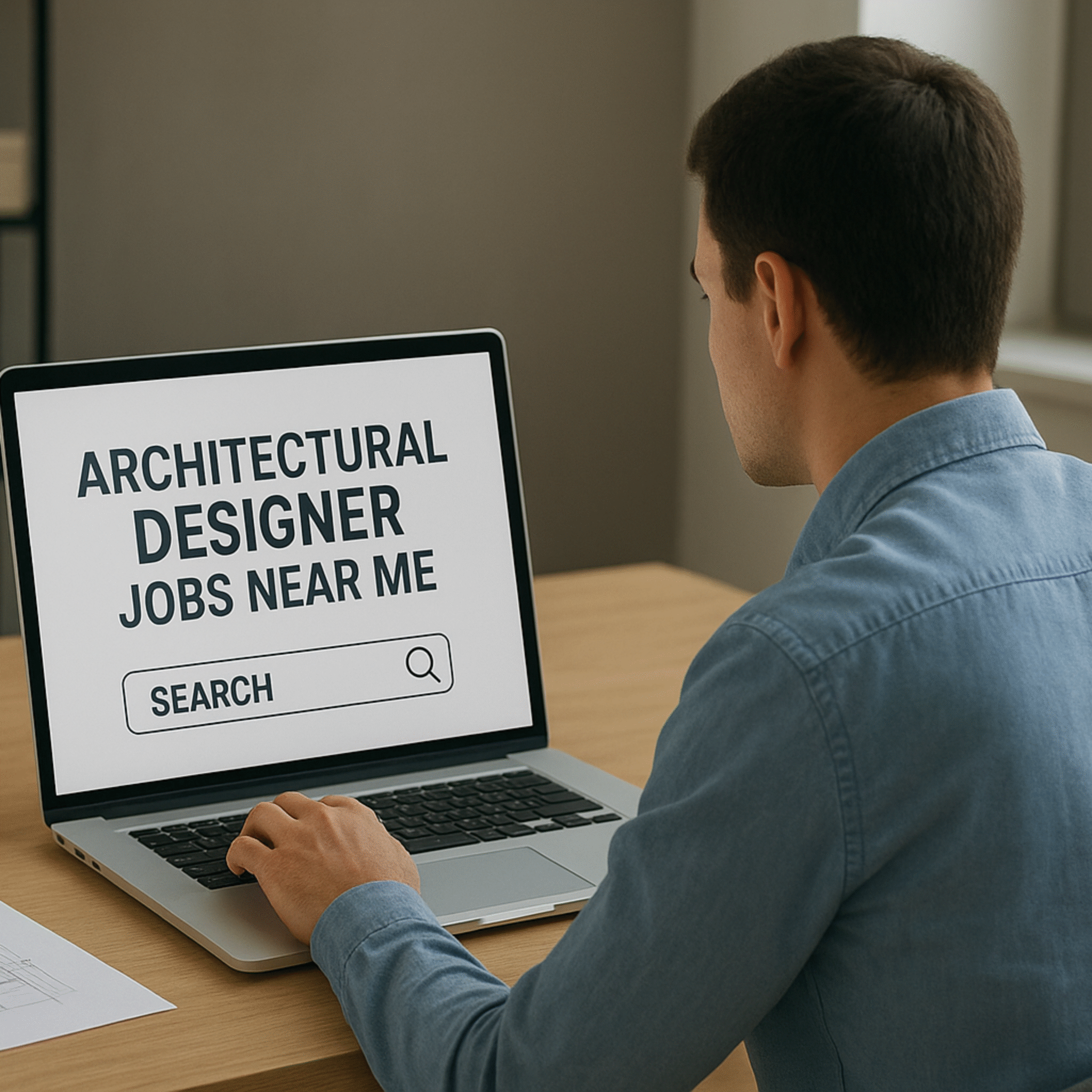 Architectural designer searching for " Architectural Designer Jobs Near Me " on a laptop in a modern office, viewed from behind