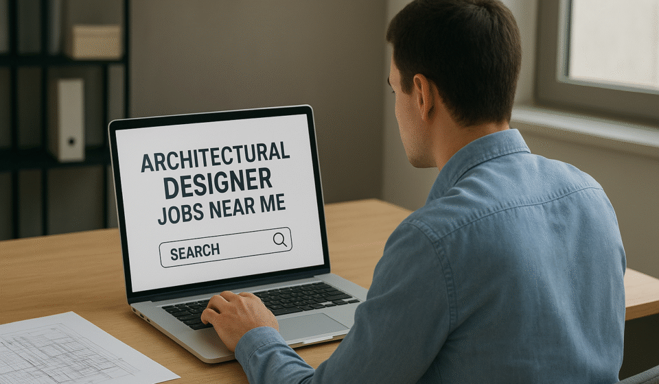 Architectural designer searching for " Architectural Designer Jobs Near Me " on a laptop in a modern office, viewed from behind