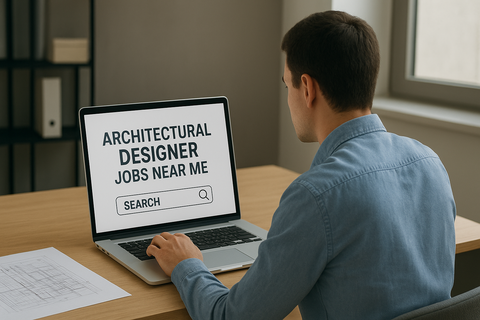 Architectural designer searching for " Architectural Designer Jobs Near Me " on a laptop in a modern office, viewed from behind