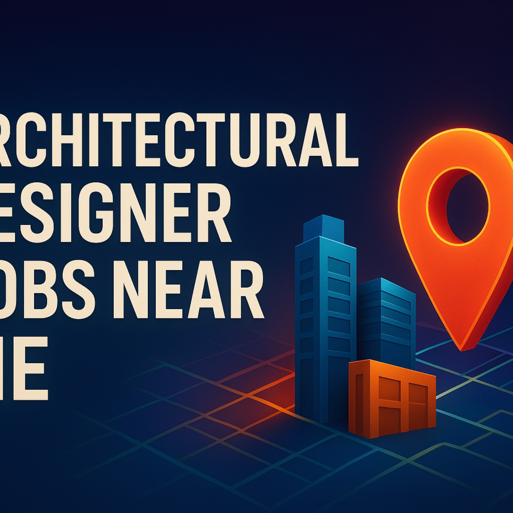 3D illustration of “Architectural Designer Jobs Near Me” with glowing map pin and modern city buildings