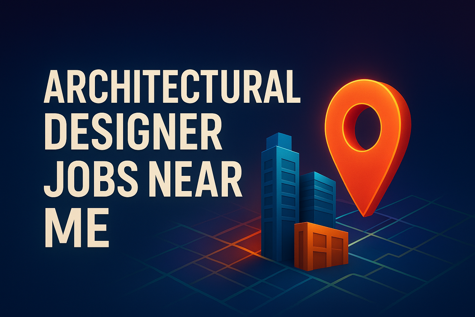 3D illustration of “Architectural Designer Jobs Near Me” with glowing map pin and modern city buildings
