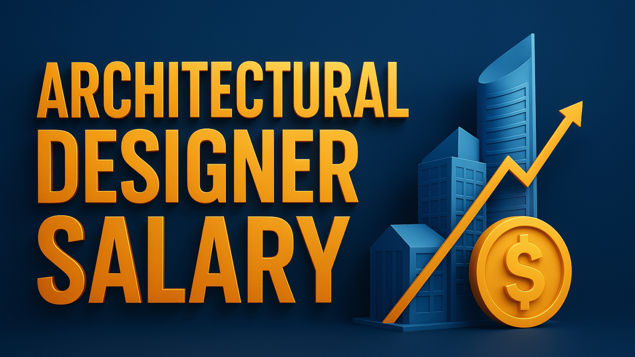 Architectural Designer Salary - 3D modern graphic with bold text, futuristic buildings, dollar coin, and rising chart