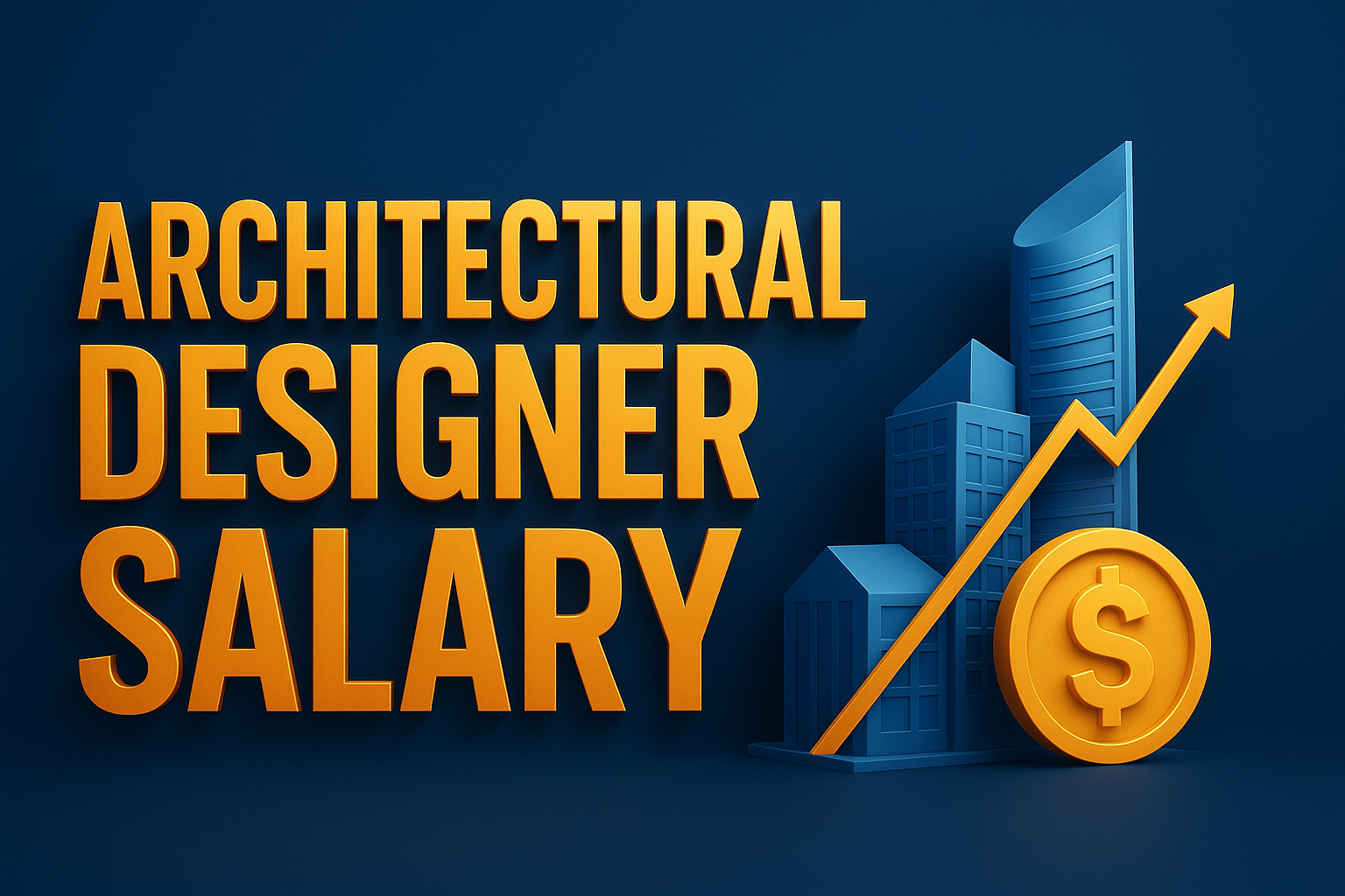 Architectural Designer Salary - 3D modern graphic with bold text, futuristic buildings, dollar coin, and rising chart