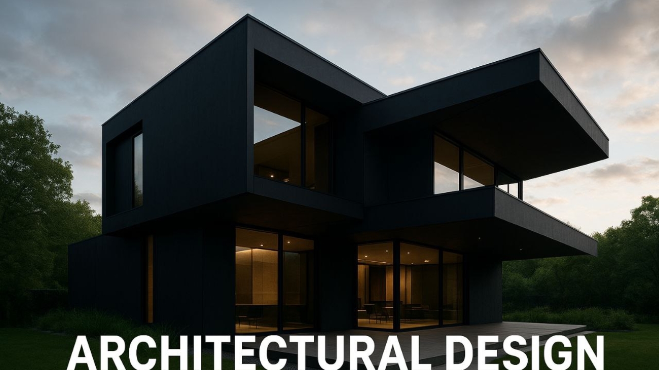 Black minimal villa with modern architectural design.