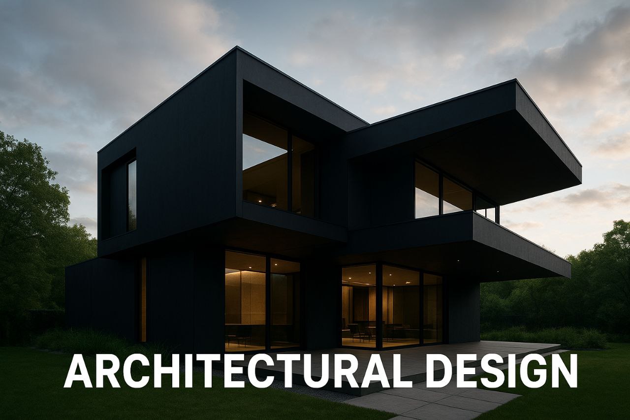 Black minimal villa with modern architectural design.
