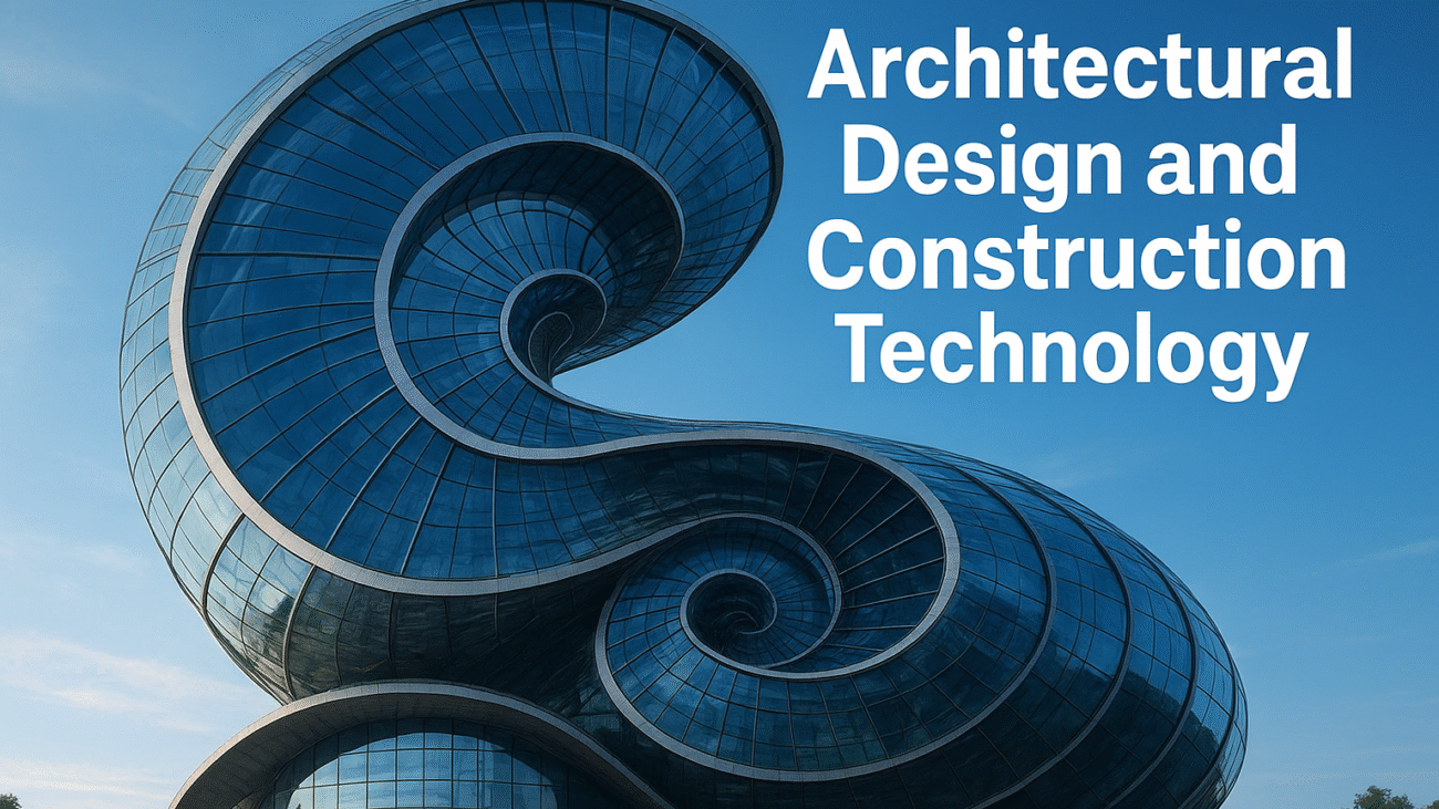 A futuristic glass building inspired by the Fibonacci sequence, illustrating the harmony between architectural design and construction technology through advanced geometry and innovative materials.