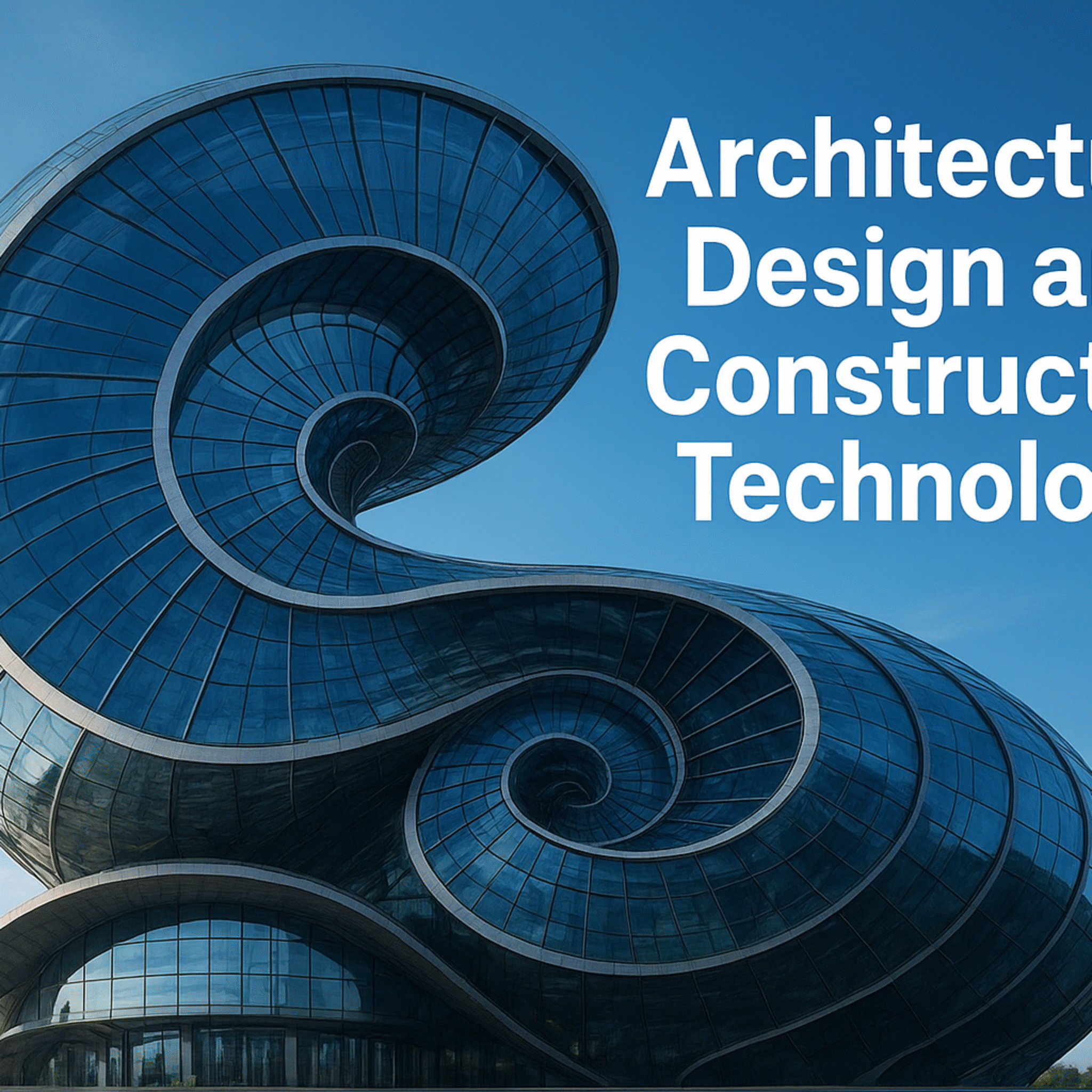 A futuristic glass building inspired by the Fibonacci sequence, illustrating the harmony between architectural design and construction technology through advanced geometry and innovative materials.