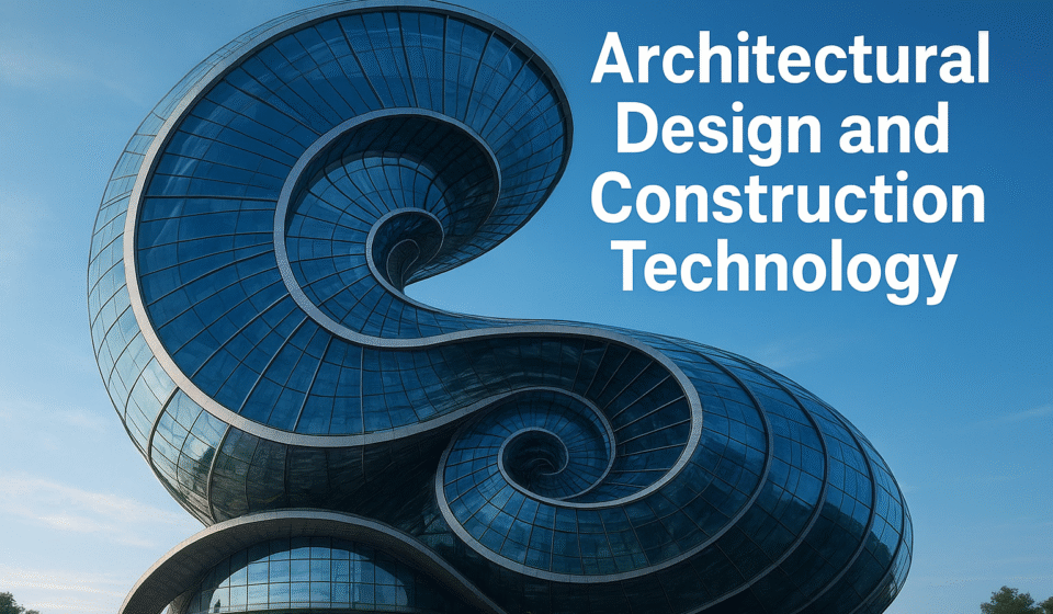 A futuristic glass building inspired by the Fibonacci sequence, illustrating the harmony between architectural design and construction technology through advanced geometry and innovative materials.