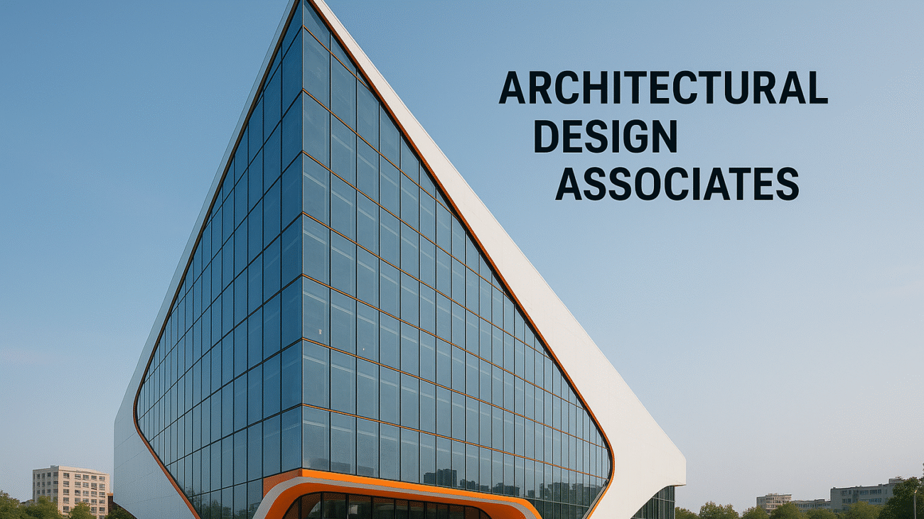 A futuristic triangular glass office building with white and orange details designed by Architectural Design Associates