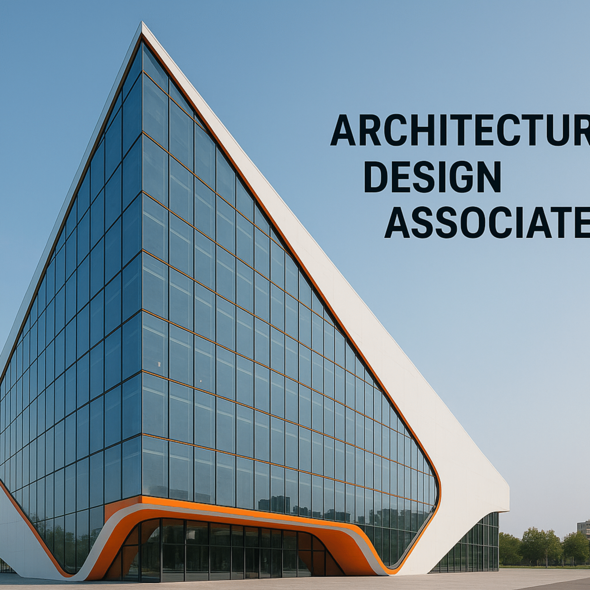 A futuristic triangular glass office building with white and orange details designed by Architectural Design Associates