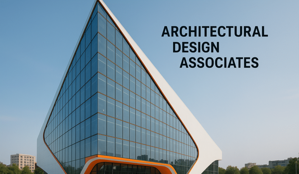 A futuristic triangular glass office building with white and orange details designed by Architectural Design Associates