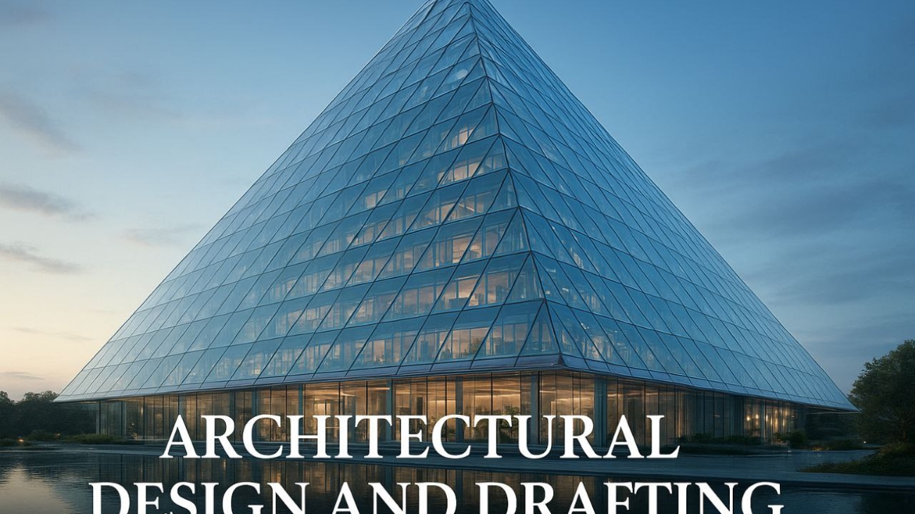 A futuristic glass pyramid hotel with sleek reflective panels, surrounded by a calm water pool under a blue sky.