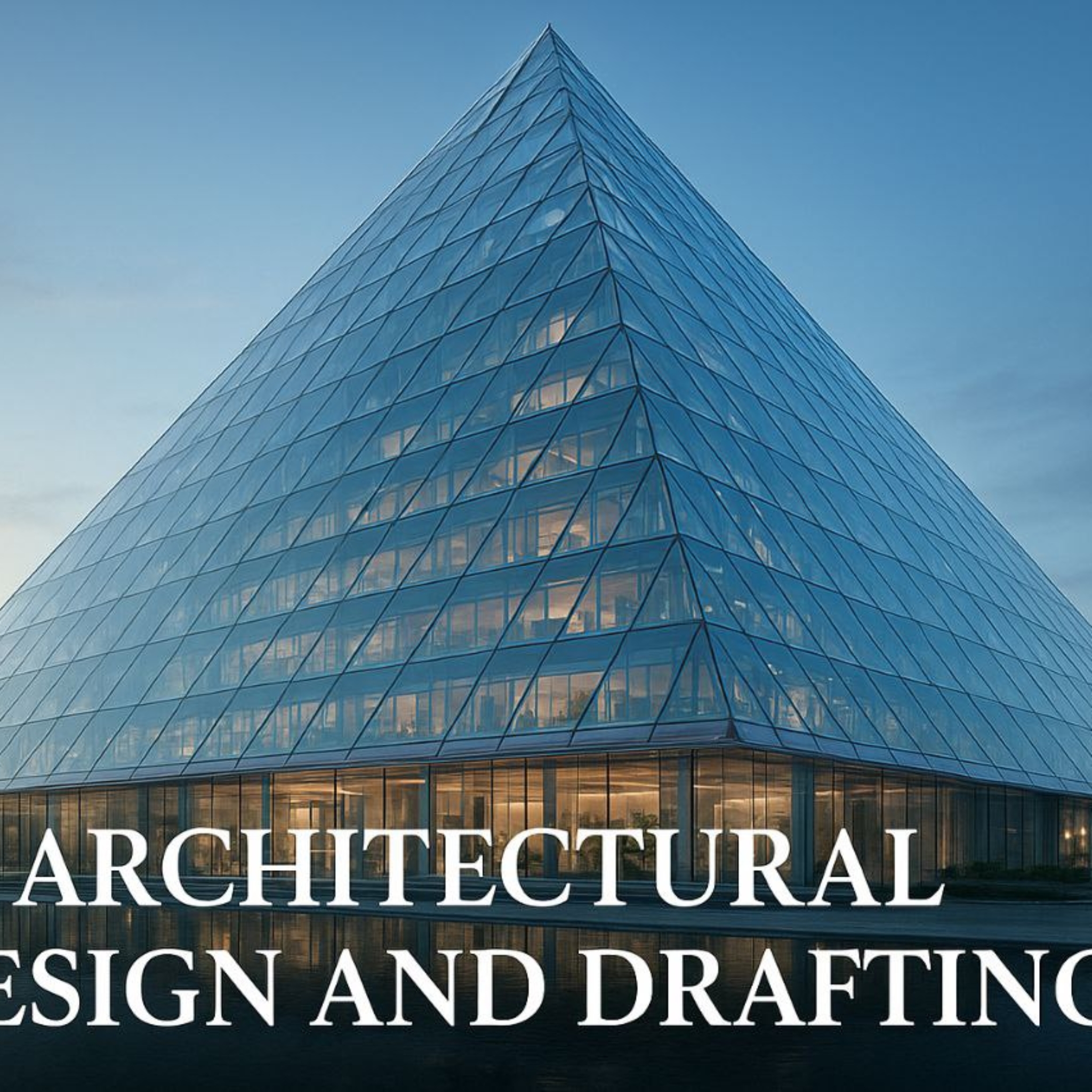 A futuristic glass pyramid hotel with sleek reflective panels, surrounded by a calm water pool under a blue sky.