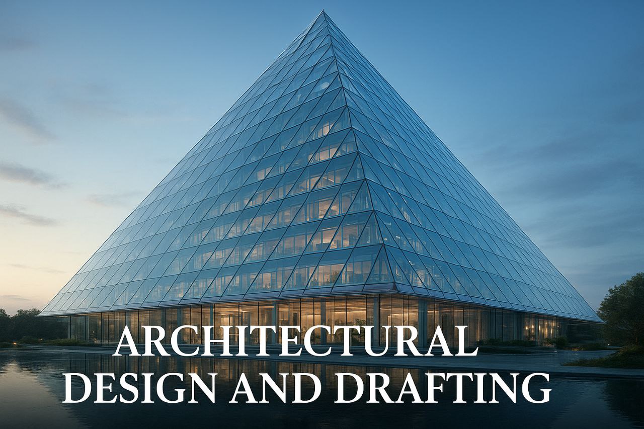 A futuristic glass pyramid hotel with sleek reflective panels, surrounded by a calm water pool under a blue sky.